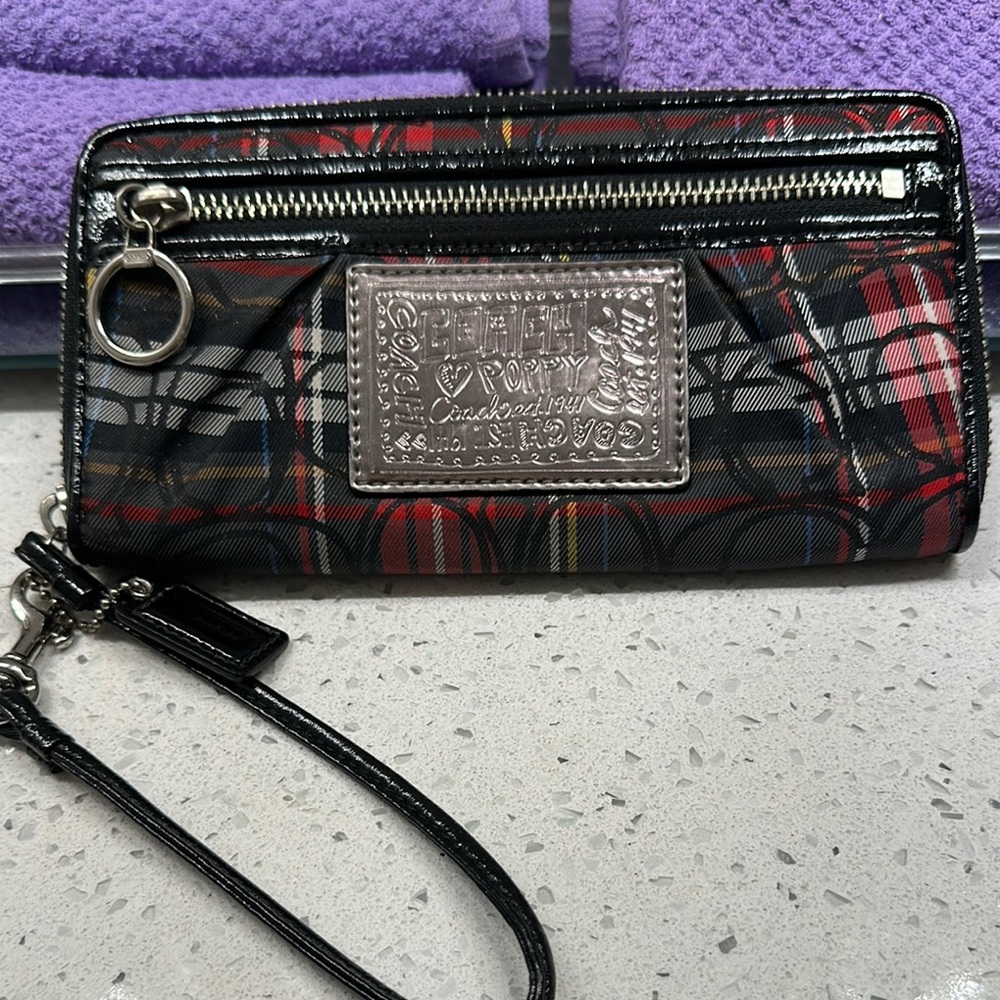 Coach Black and Red Leather Clutch with Silver Accents